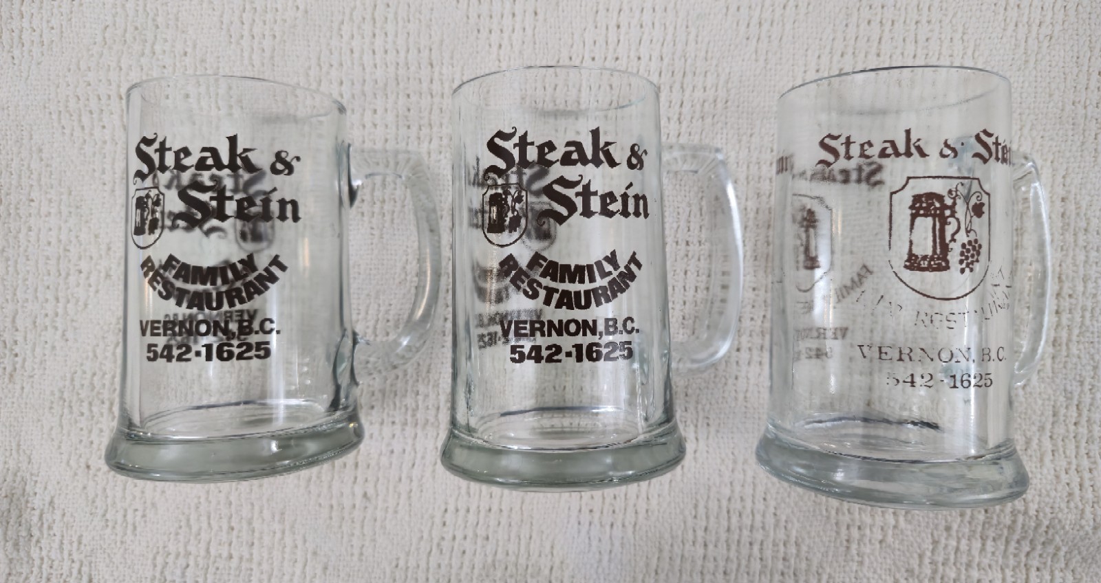 Lot (3) Vintage RARE Steak & Stein Clear Glass Mug Beer Stein Vernon B.C. Canada