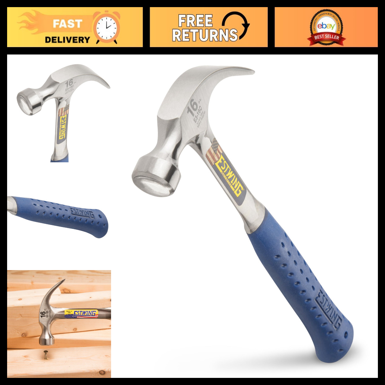 16 oz Curved Claw Hammer - Smooth Face, Shock Absorbing Grip, Heavy Duty Tool 16 oz Curved Claw Hammer - Smooth Face, Shock Absorbing Grip, Heavy Duty Tool