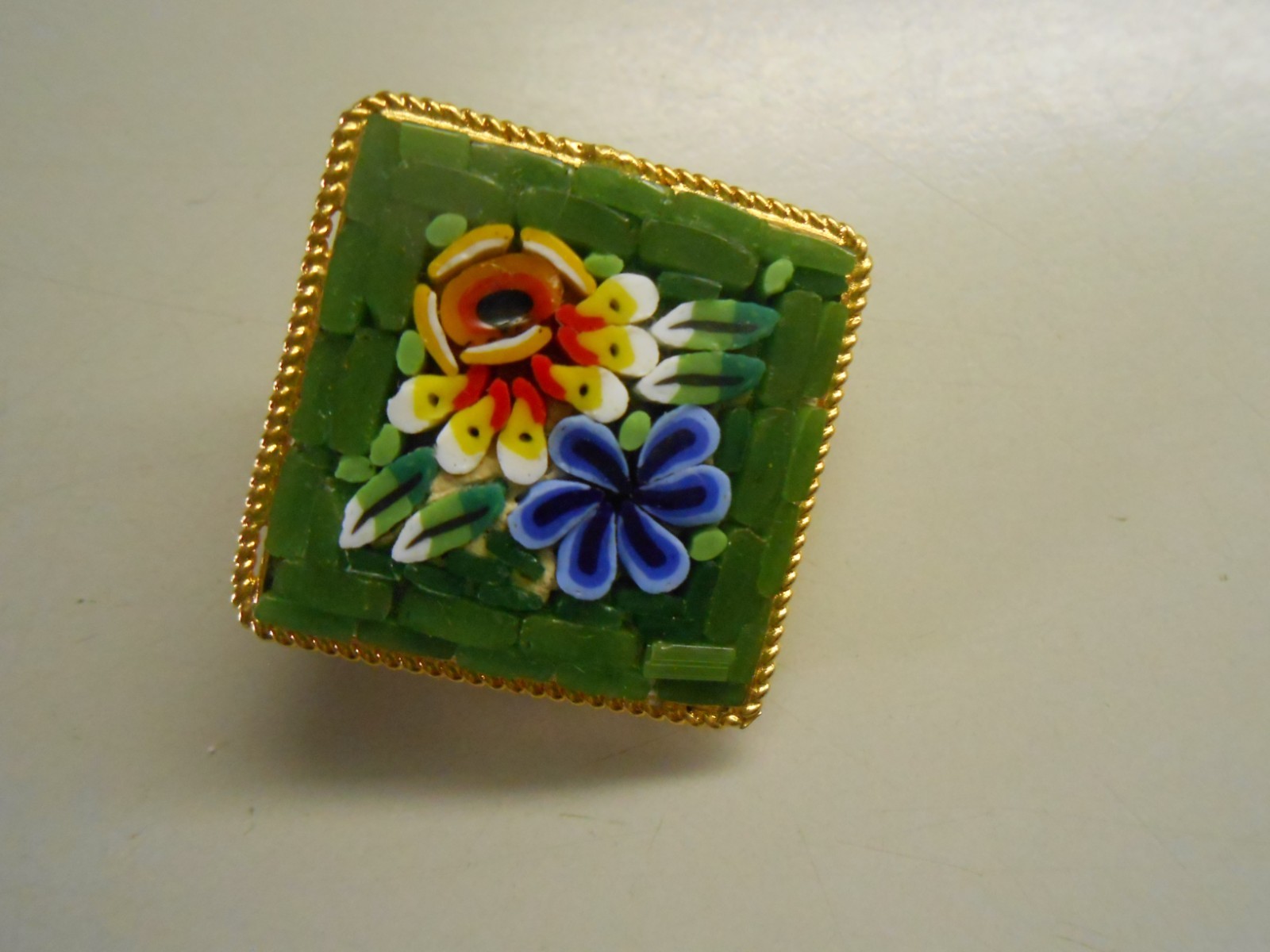 Vintage Micro Mosaic Square/Triangle Brooch - Italy - Flowers on Olive Green