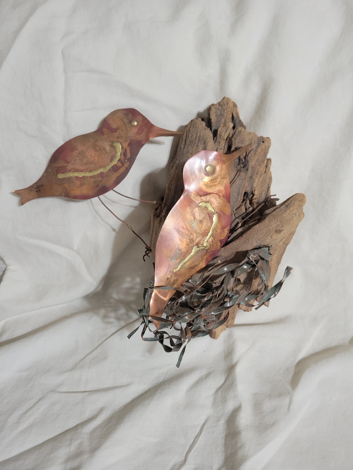 2 VNTG Copper Burds On A Piece of Driftwood Wall Decor 9 1/2\