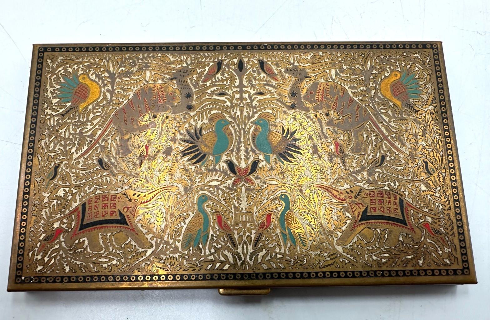Vintage 1940s Volupte USA Persian Rug Enamel Gold Animal Design Cigarette Case