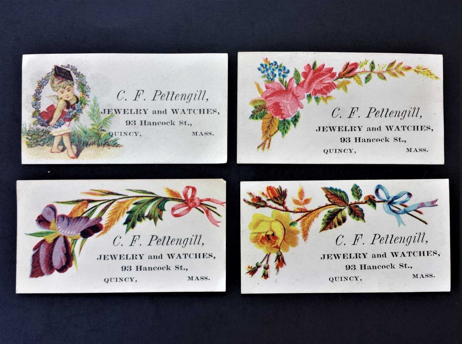 1880 antique 4pc quincy ma PETTENGILL JEWELRY and WACHES ad trade card LOT