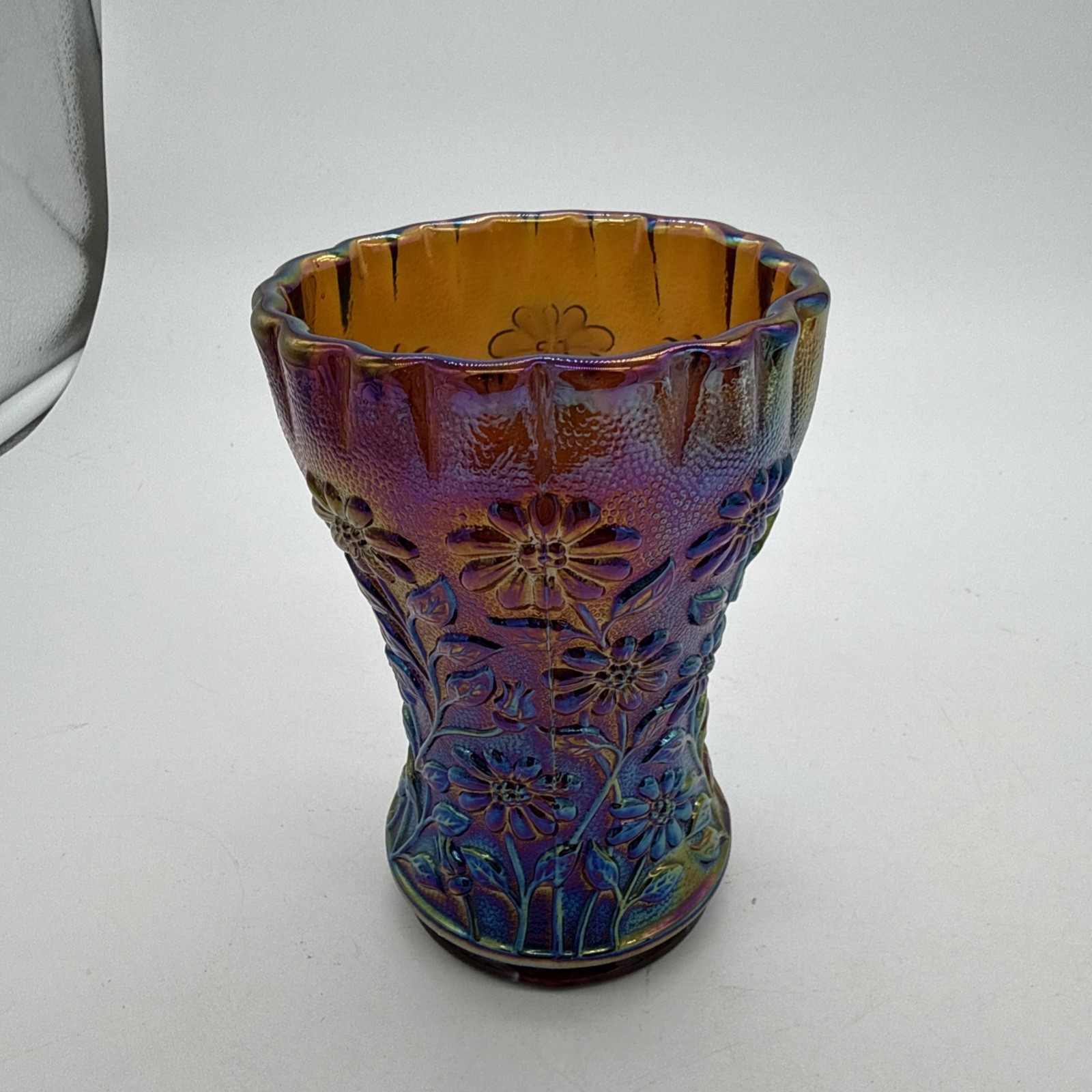 Vintage Imperial Amber Daisy Carnival Glass Whimsy Vase - 5 1/2” RARE