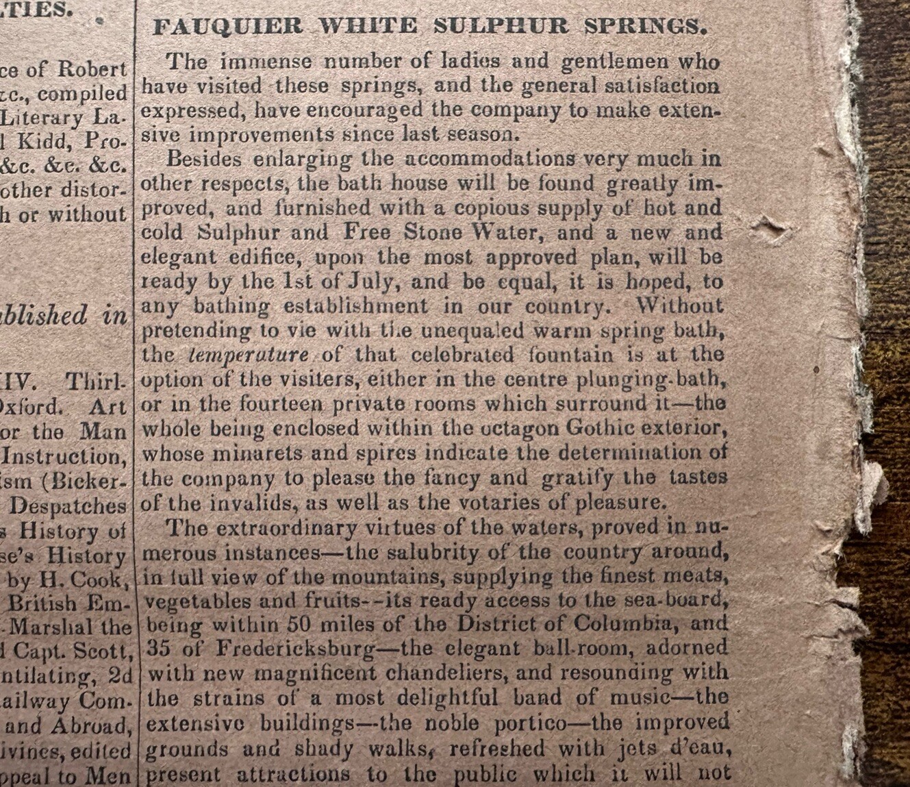 1839 Early Fauquier White Sulphur Springs Company Resort Newspaper Advertisement