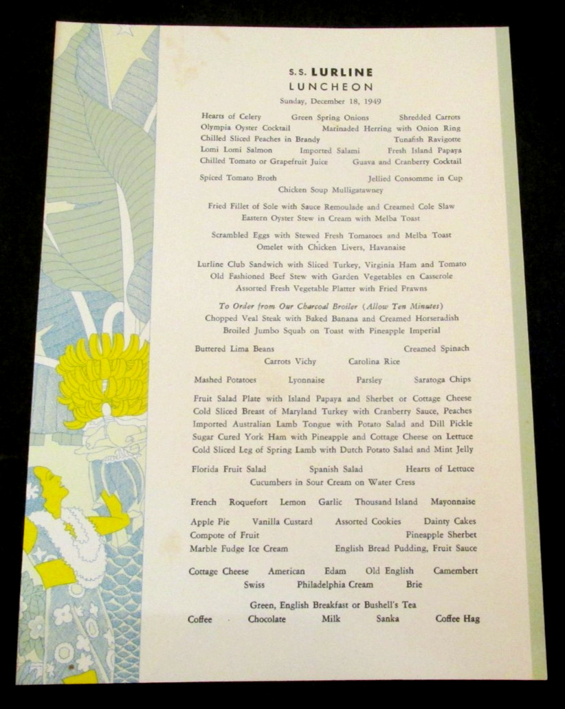 VTG Original 1949 S.S. Lurline Luncheon Menu Ocean Liner Luxury Matson Lines Dec