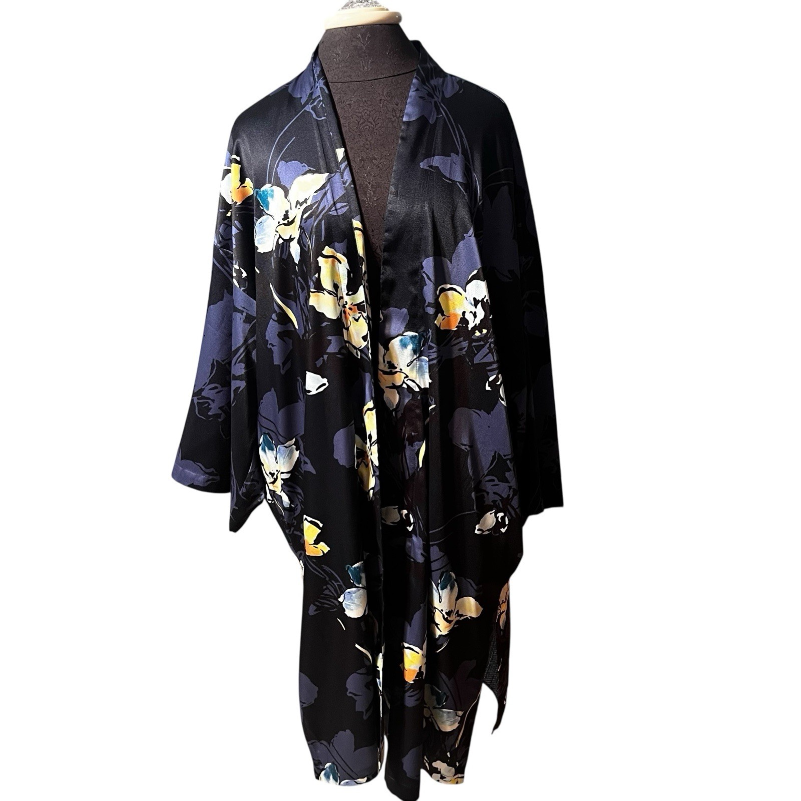 Reversible Navy Floral Satin Japanese Kimono Large 