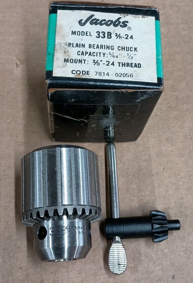 JACOBS Plain Bearing Chuck 33B 3/8-24 Thread Mount W/Box & Key