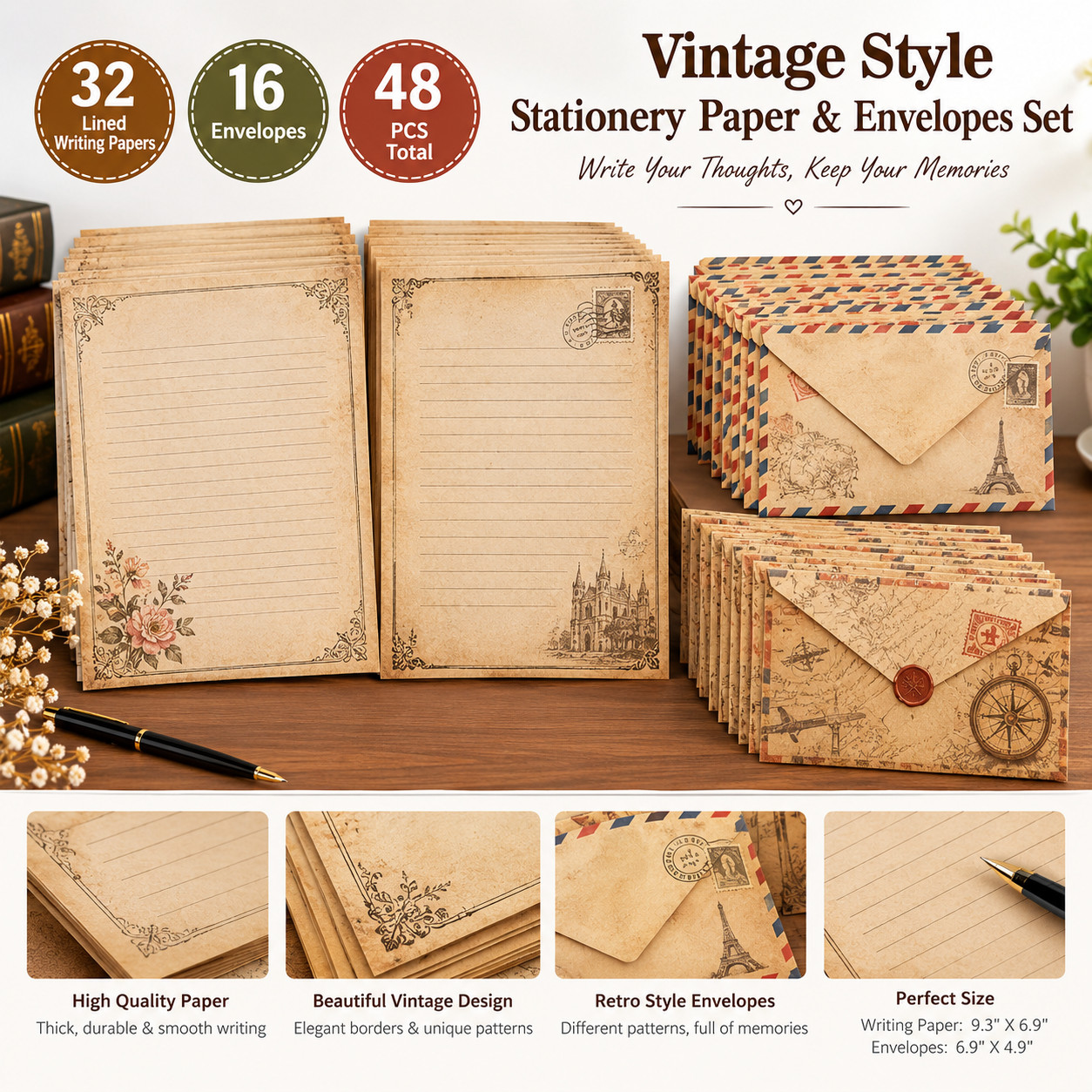 48 PCS Vintage Style Stationery Paper and Envelopes Set, 32 PCS Lined Stationary