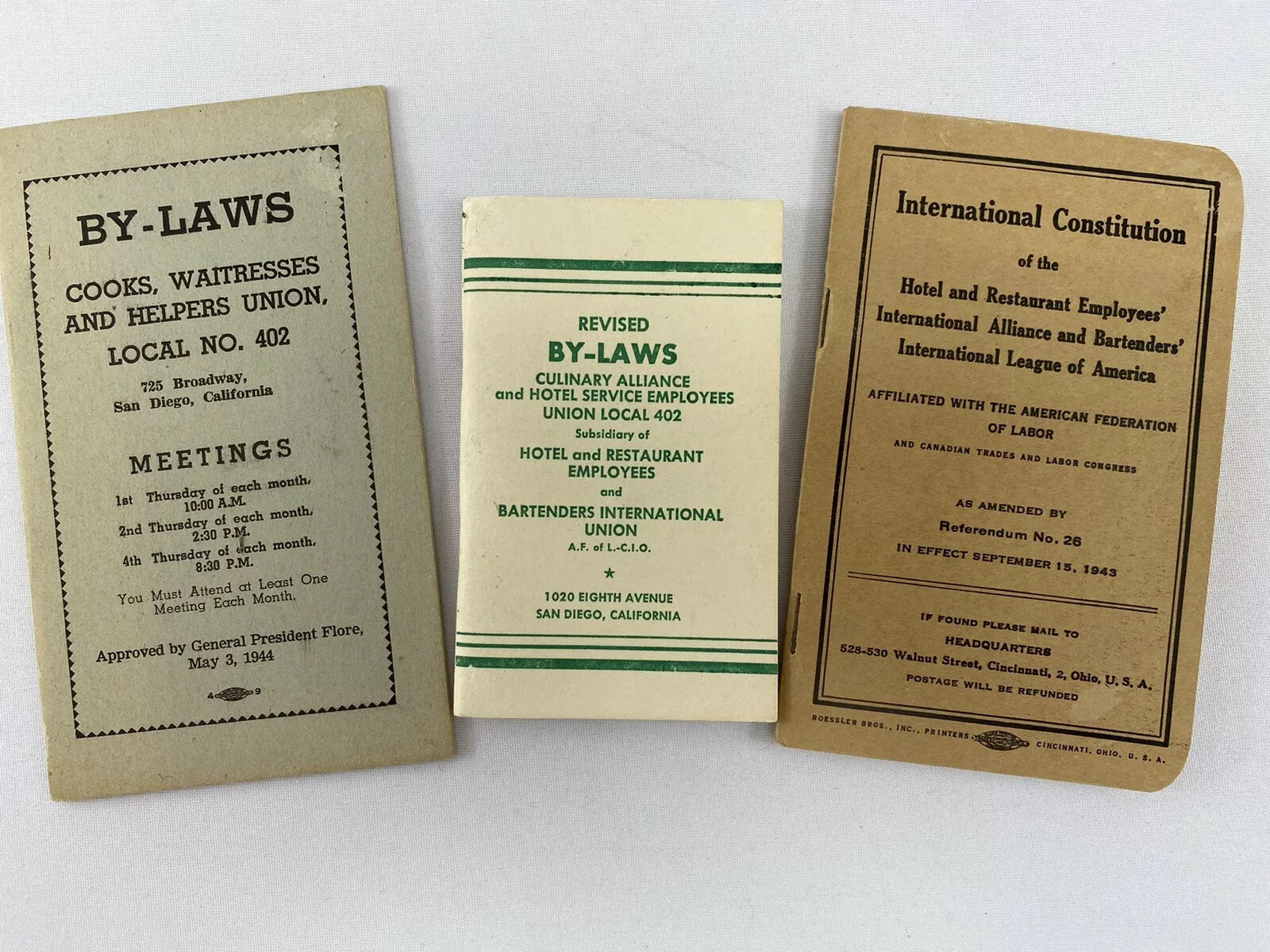 Union By-laws Booklets 1943, 1944, Culinary Alliance Hotel & Restaurant Employee