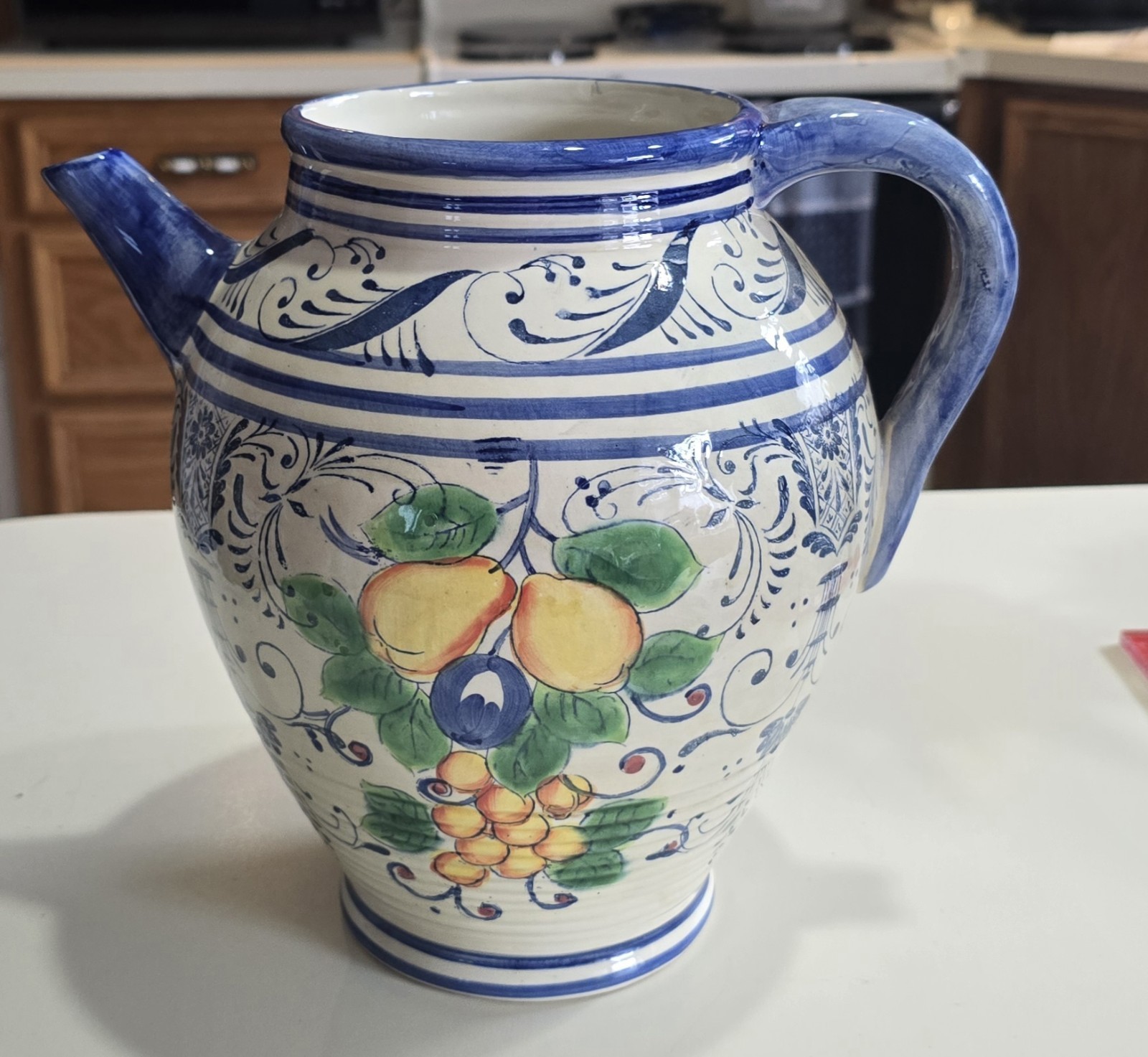 VTG MAXCERA Lemon Pear Grapes Pitcher Vase Pottery Blue White Yellow 8 3/4”