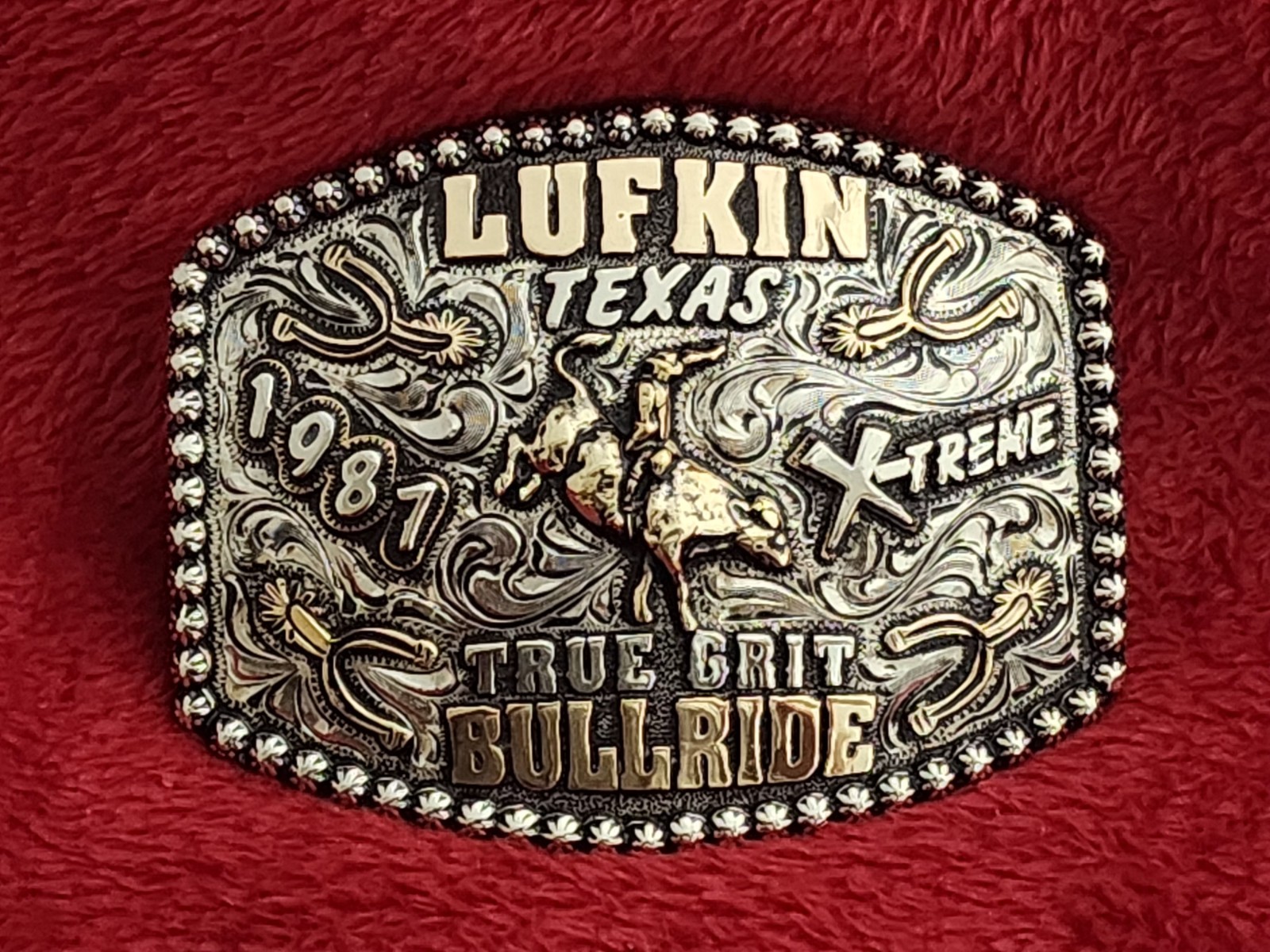 Bull Riding X~Treme Rodeo Champion Trophy Buckle☆Lufkin Texas True Grit☆1987☆280
