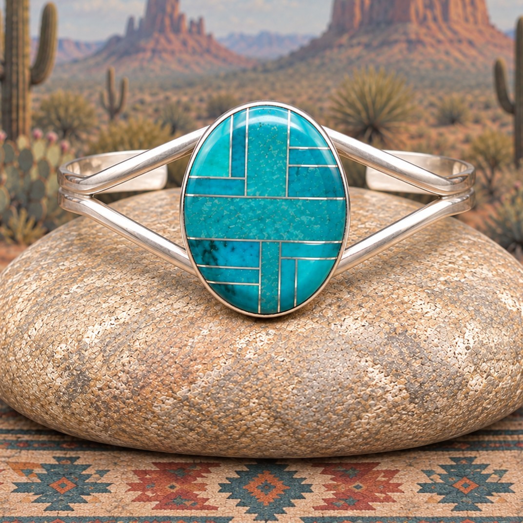 Native American Blue Green Turquoise Inlay Cuff Signed JB Sterling Silver