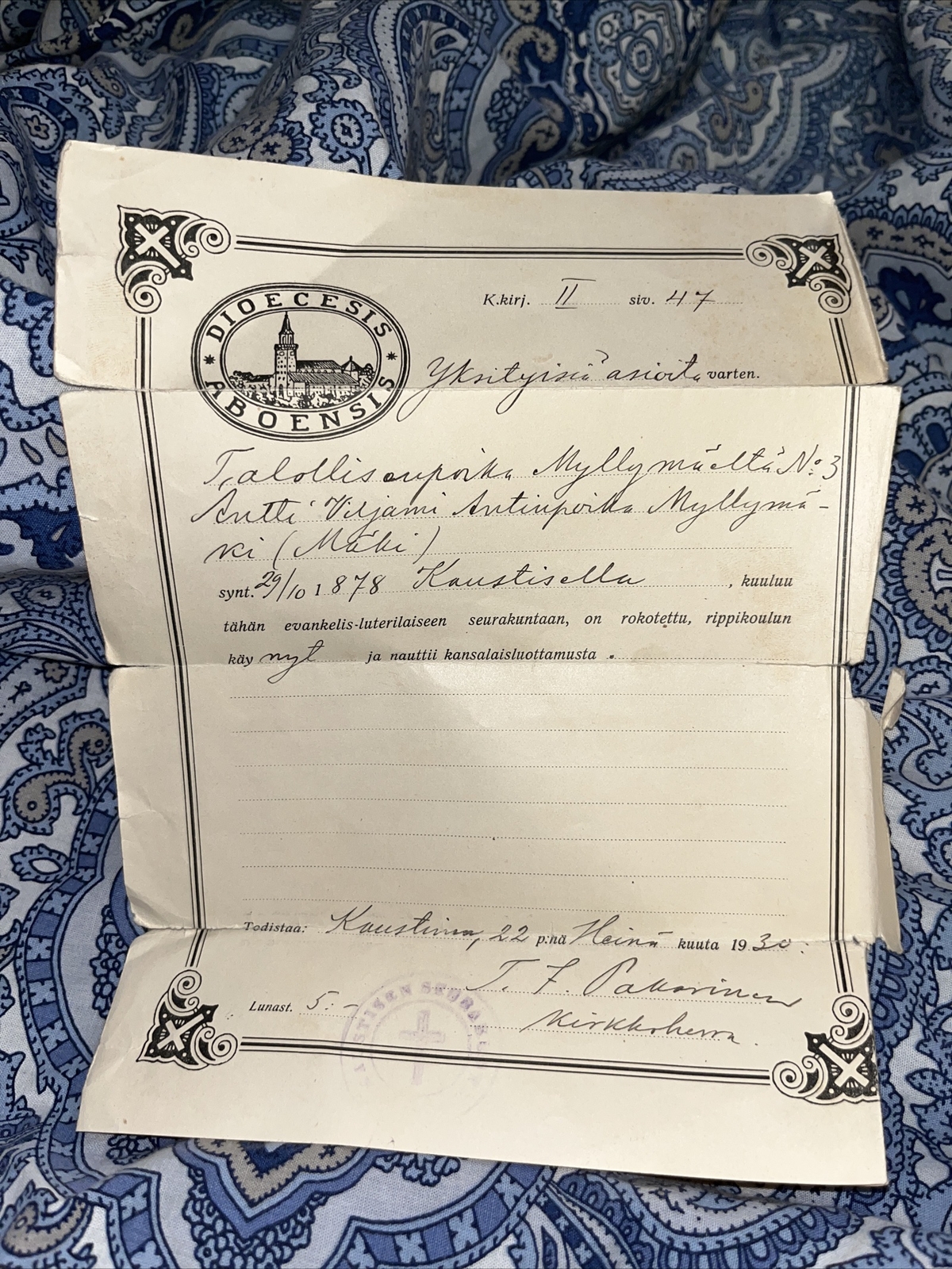 Antique 1930 Letter in Finnish on Diocesis Aboensis Letterhead Diocese Abo Turku