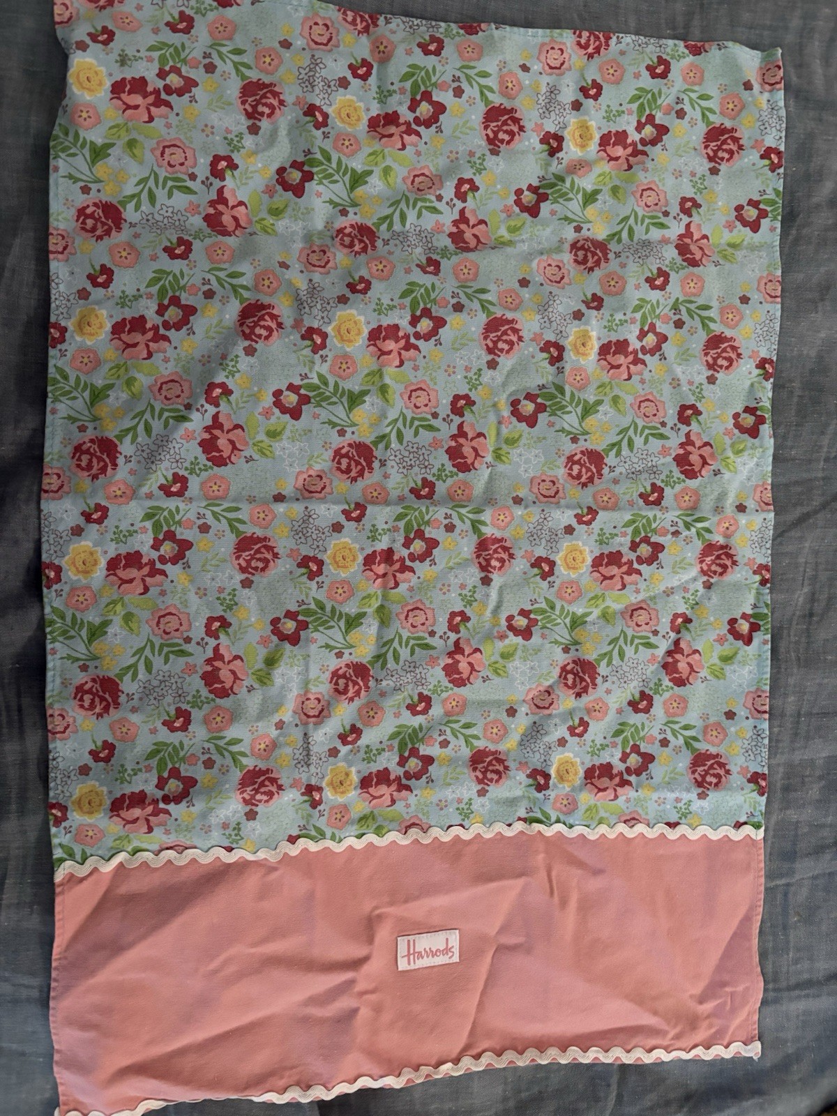 Harrods London Afternoon Tea Towel  Pink & Aqua Blue Floral 18” By 27” Rickrack