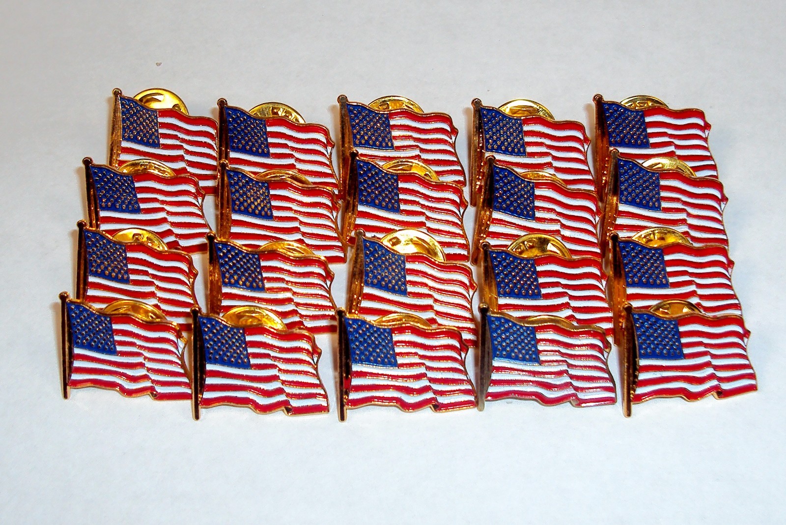 LOT OF 20 - USA Waving Flag Lapel/Hat Pins, Tie Tack~ Gold Tone w/Resin Filling 