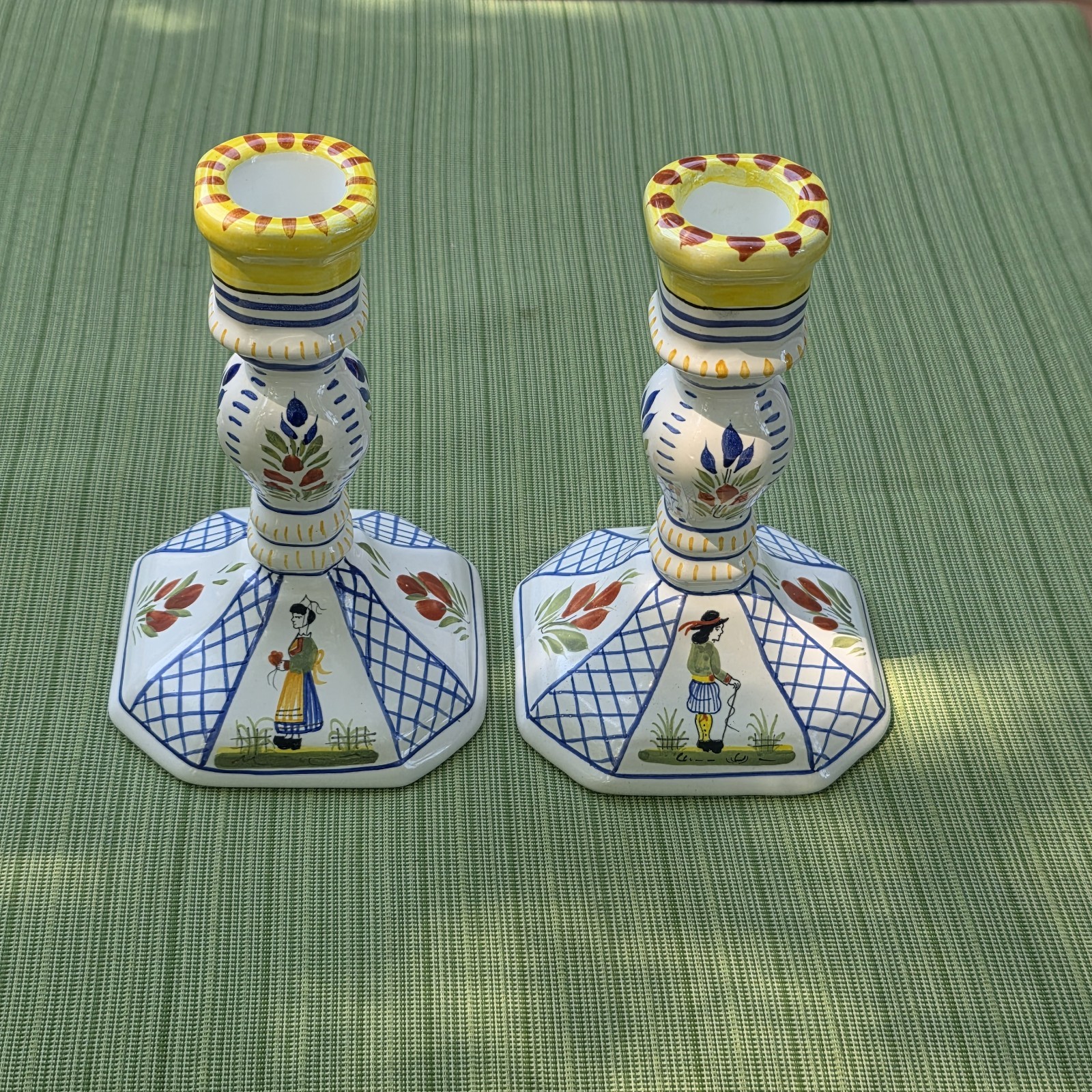 Vintage Henriot Quimper France Breton Couple Candle Holders Faience Pair