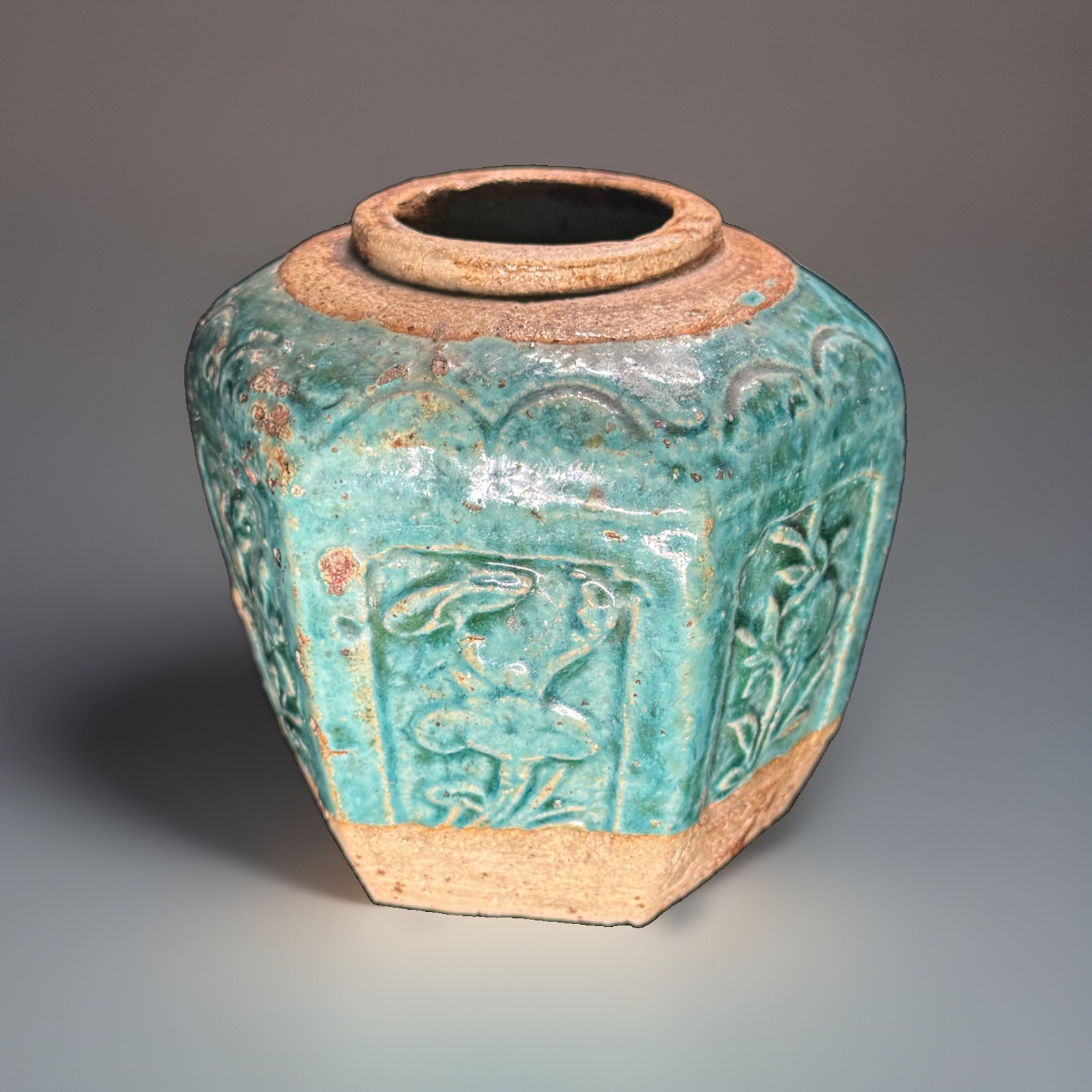 ✨ Vtg Chinese Shiwan Style Turquoise Green Glazed Hexagonal Ginger Jar Pottery