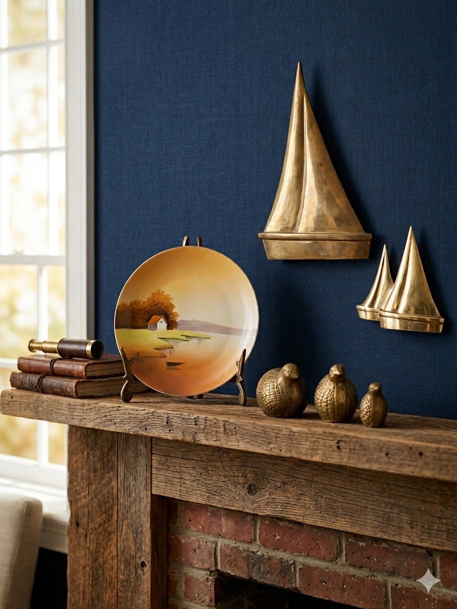Vtg Solid Brass Sailboat & Quail Family Lot with Scenic Plate and Brass Holder