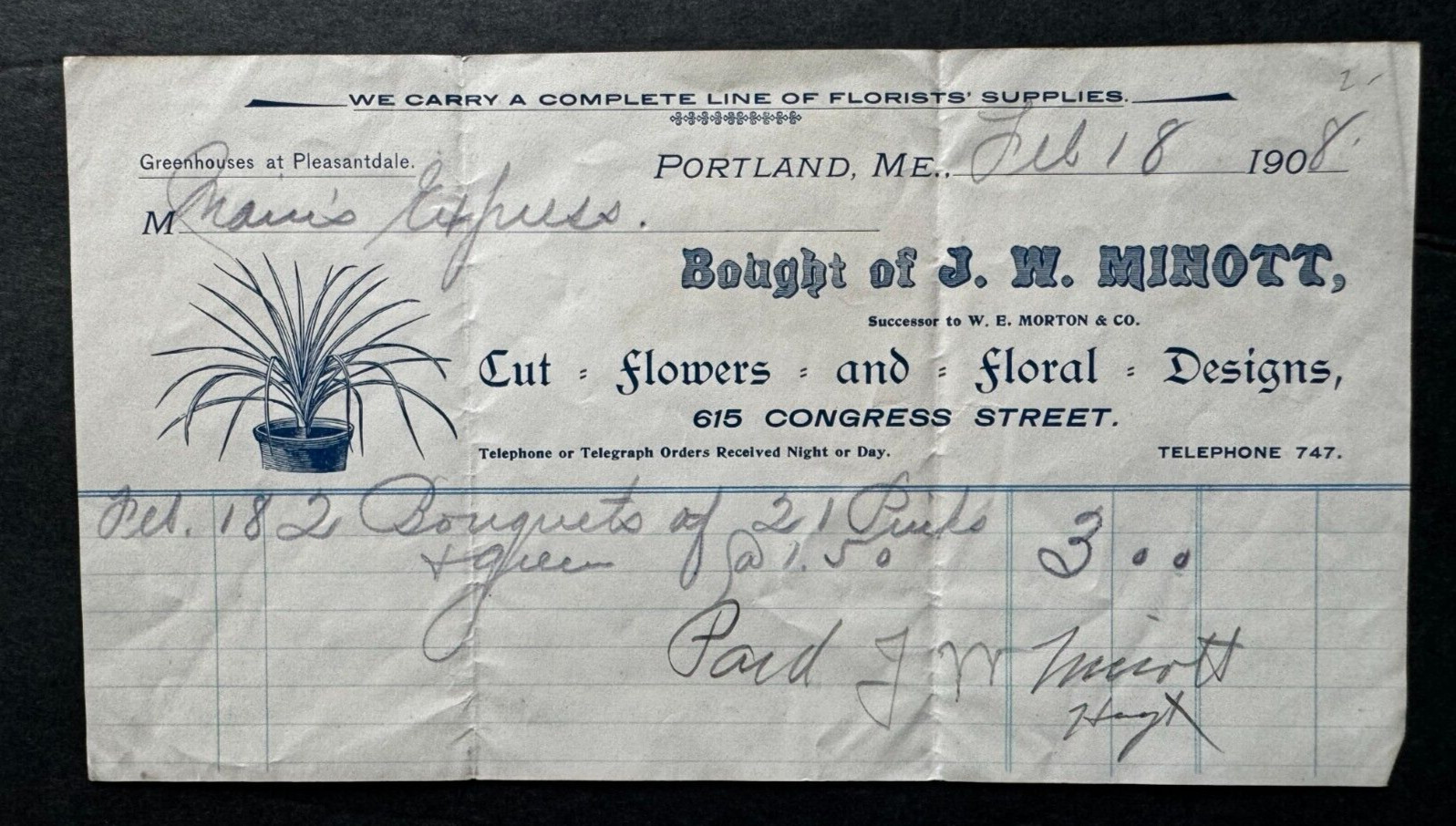 Vintage 1908 Billhead Portland Maine JW Minott Flowers Floral Design Congress St