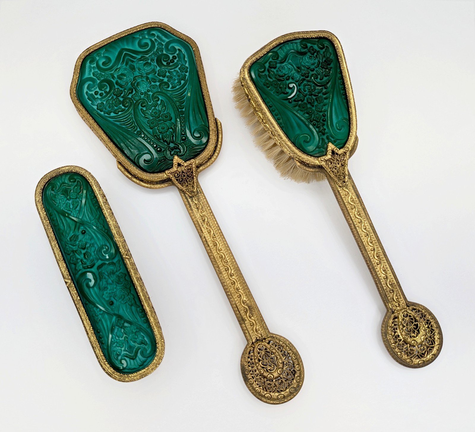 Vintage Schlevogt Ingrid Czech Jade Glass 3 Pc Vanity Mirror Brush Set Art Deco