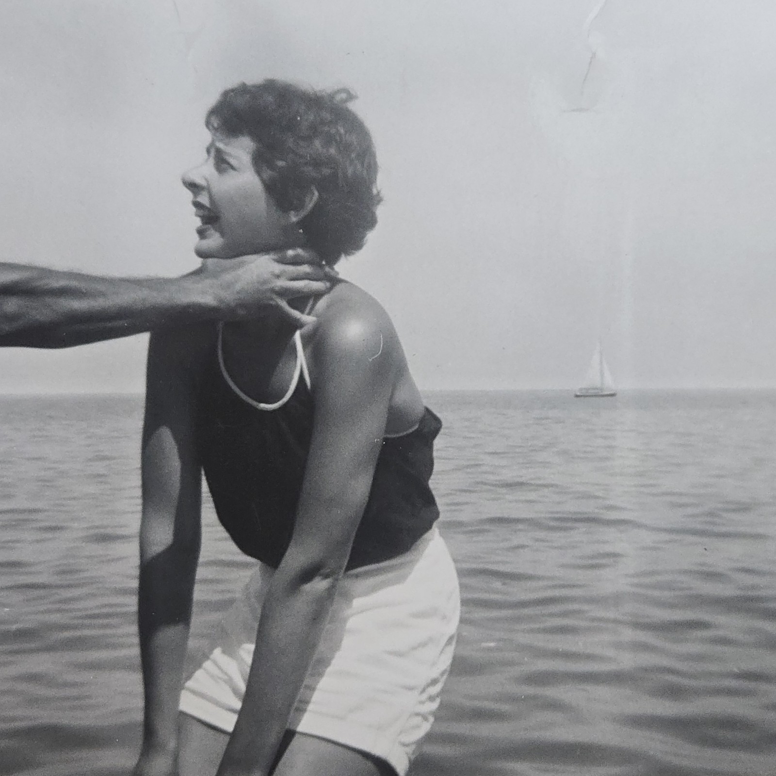 VTG B&W Photo Snapshot of a Hand Playfully Choking Young Woman by Ocean w Boat