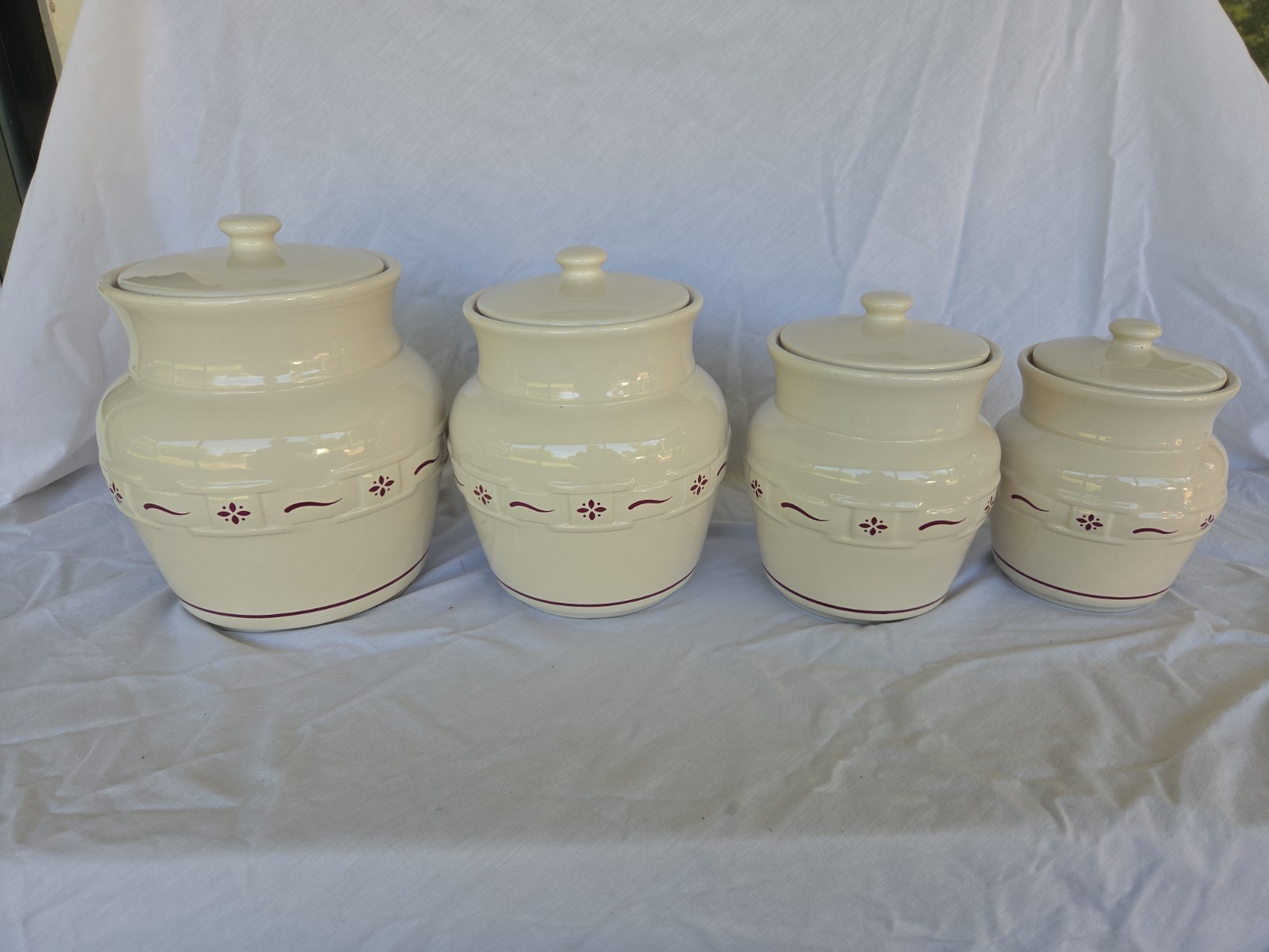 8pc Longaberger WOVEN TRADITIONS Pottery RED Canister Set w/Lids USA RETIRED