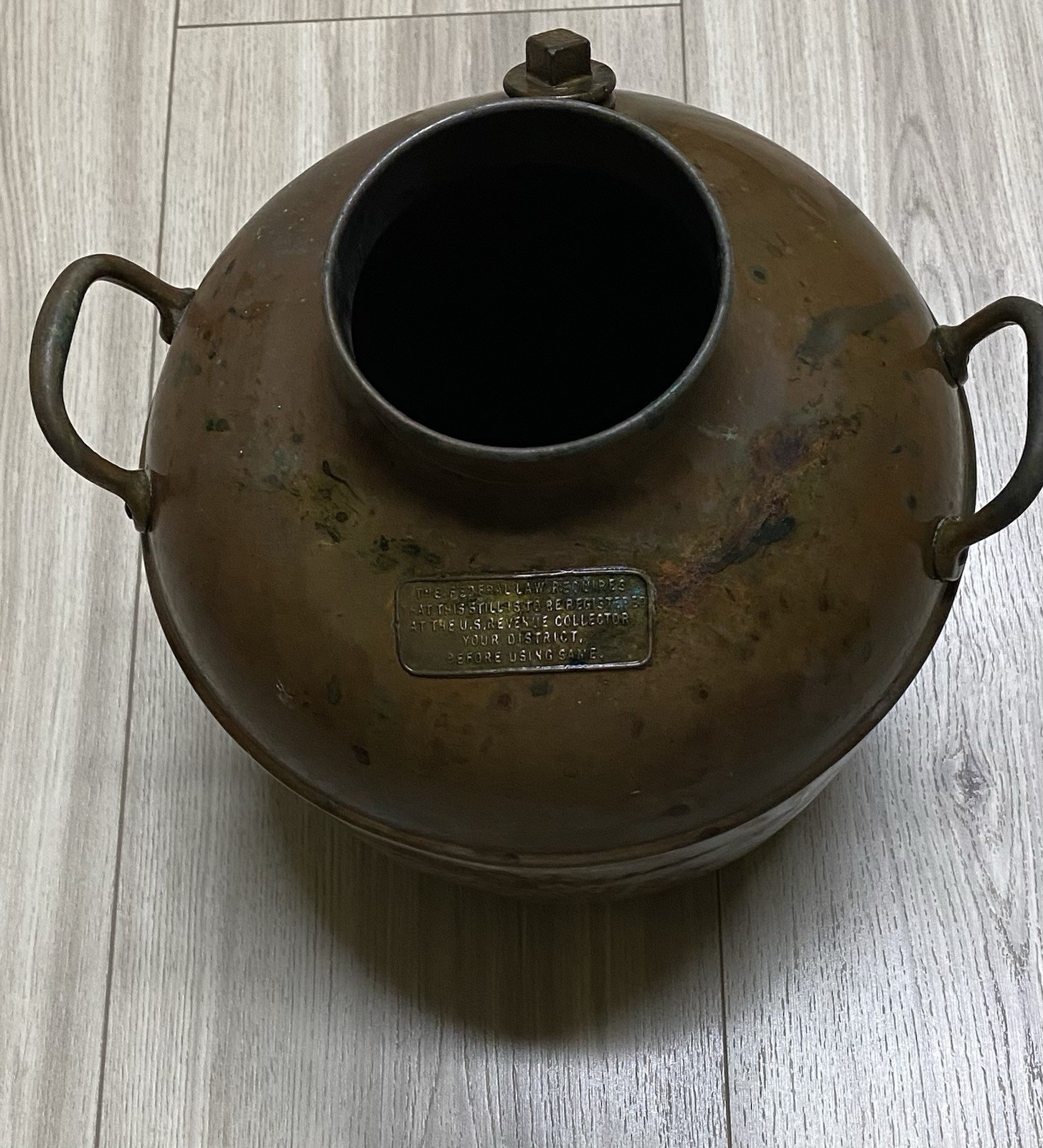 Antique Pre-Prohibition Copper Moonshine Still Pot Brass Plate Tax Revenue Label