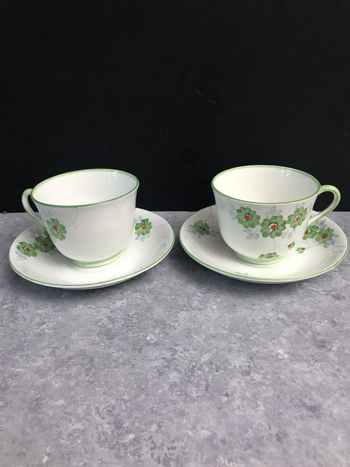 2 Vintage Phoenix Bone China Teacup Saucer Hand Painted Green Flora England