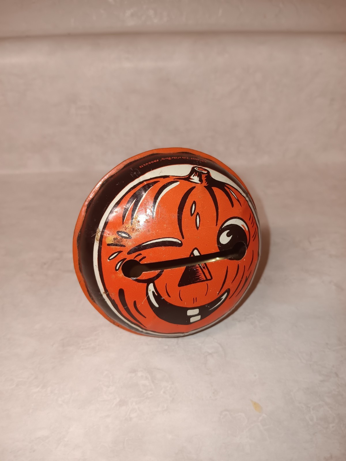 Kirchhof Tin Jack o Lantern Lithograph Noise Maker with Wooden Handle