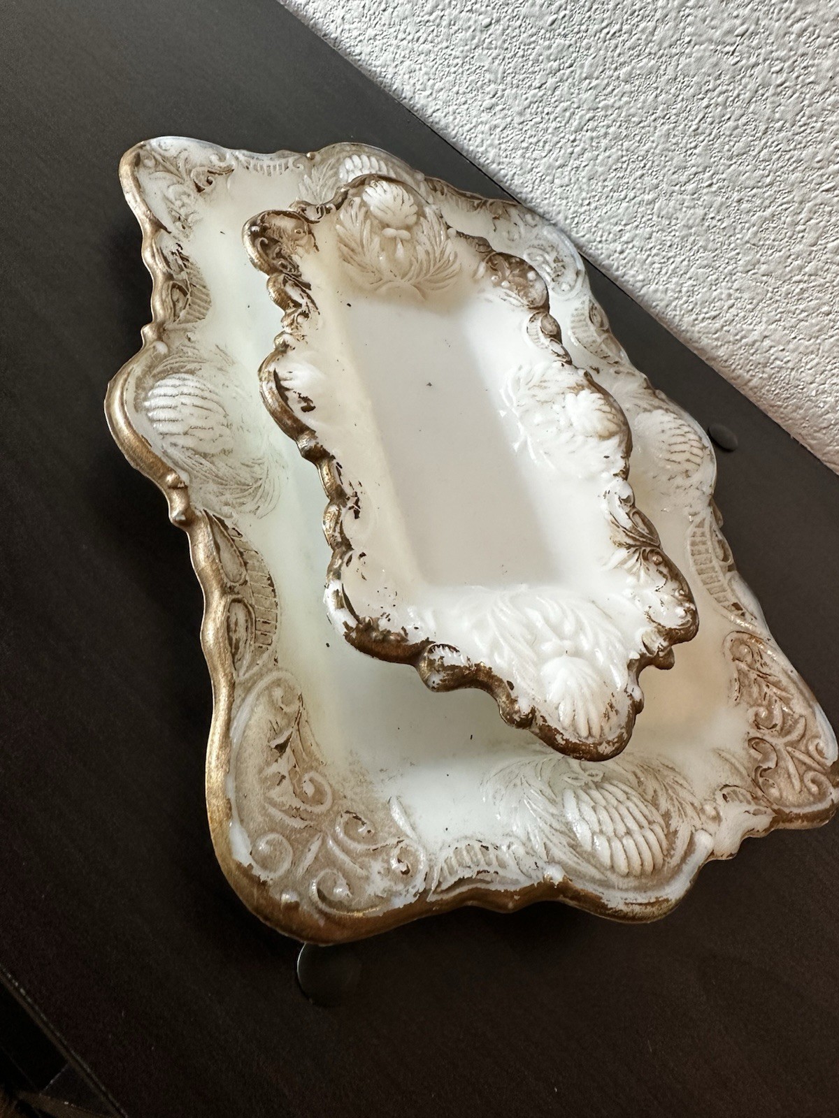 Vintage Mosser Milk Glass Dresser Tray Set - Scrolled Shell Pattern - Marked \