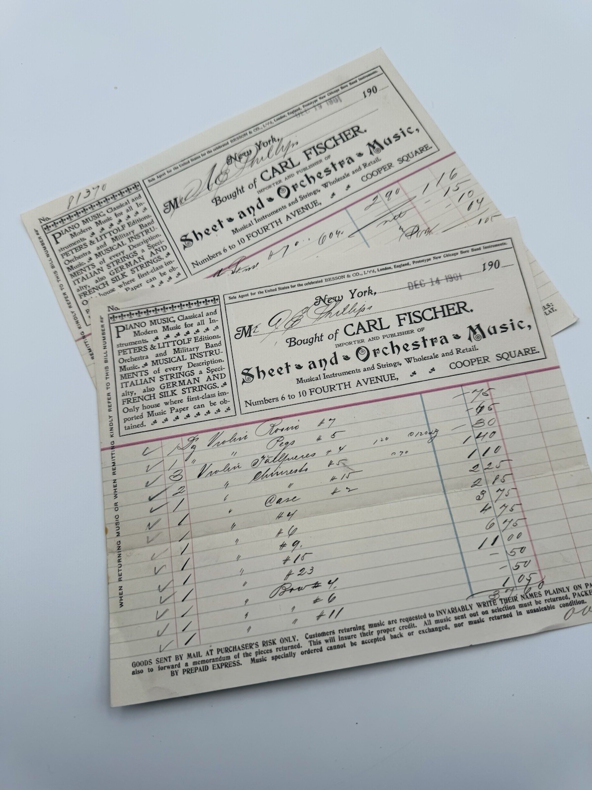 (2) 1900 New York Antique Billhead Musician Carl Fisher Invoice Musical Supplies