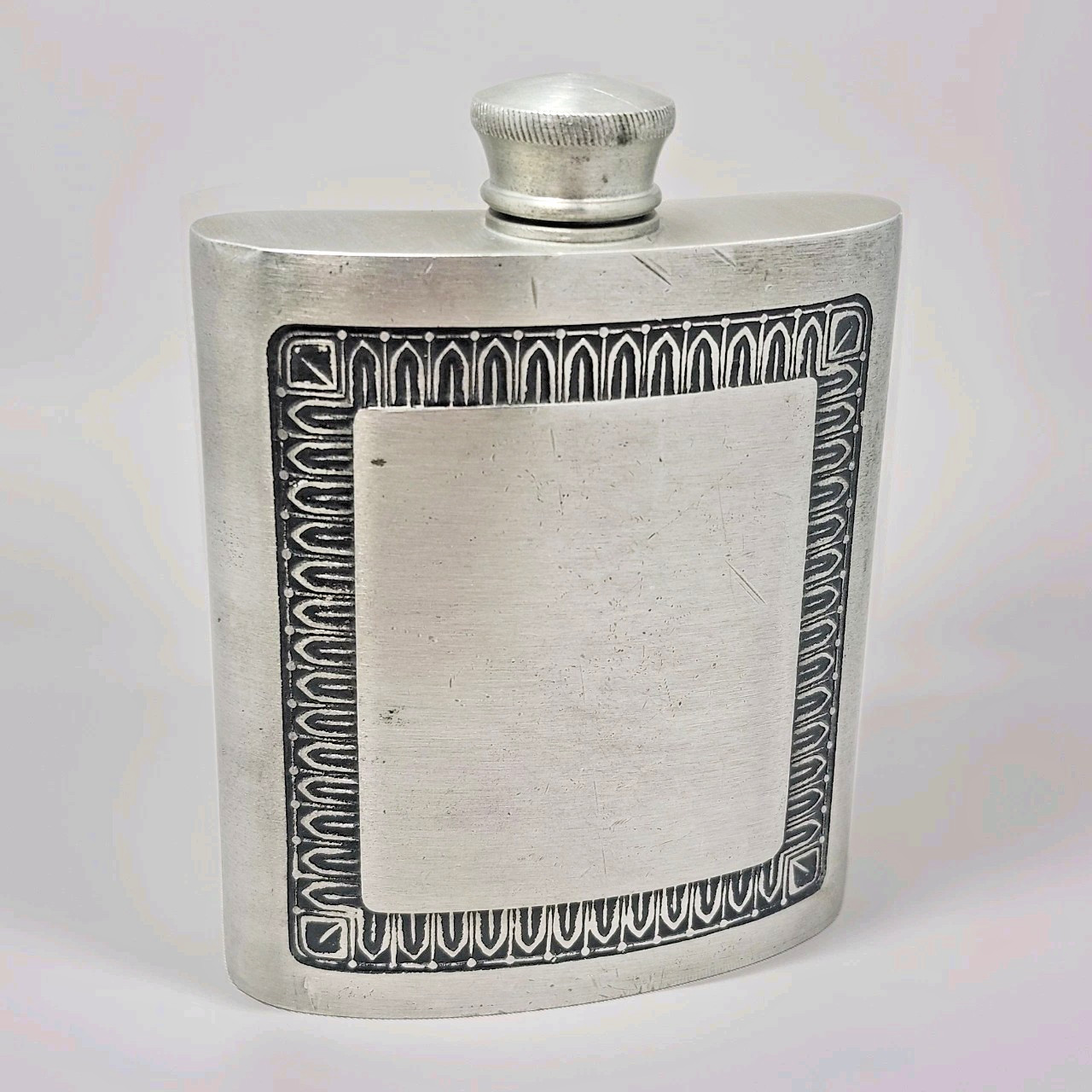 Vintage Selwin Pewter Flask Metal Decorative Front Panel Unengraved Collectible