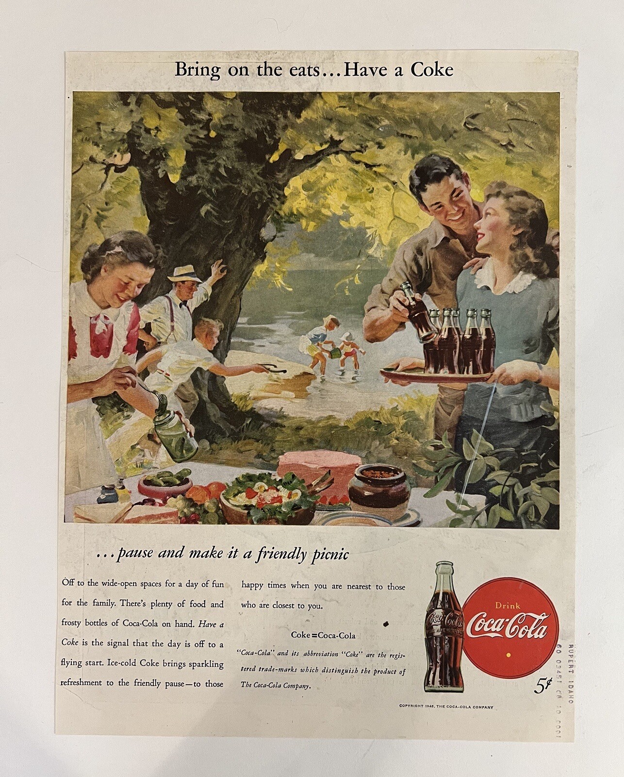 Coca-Cola 1946 Print Ad 10x13 Mid Century Picnic Family
