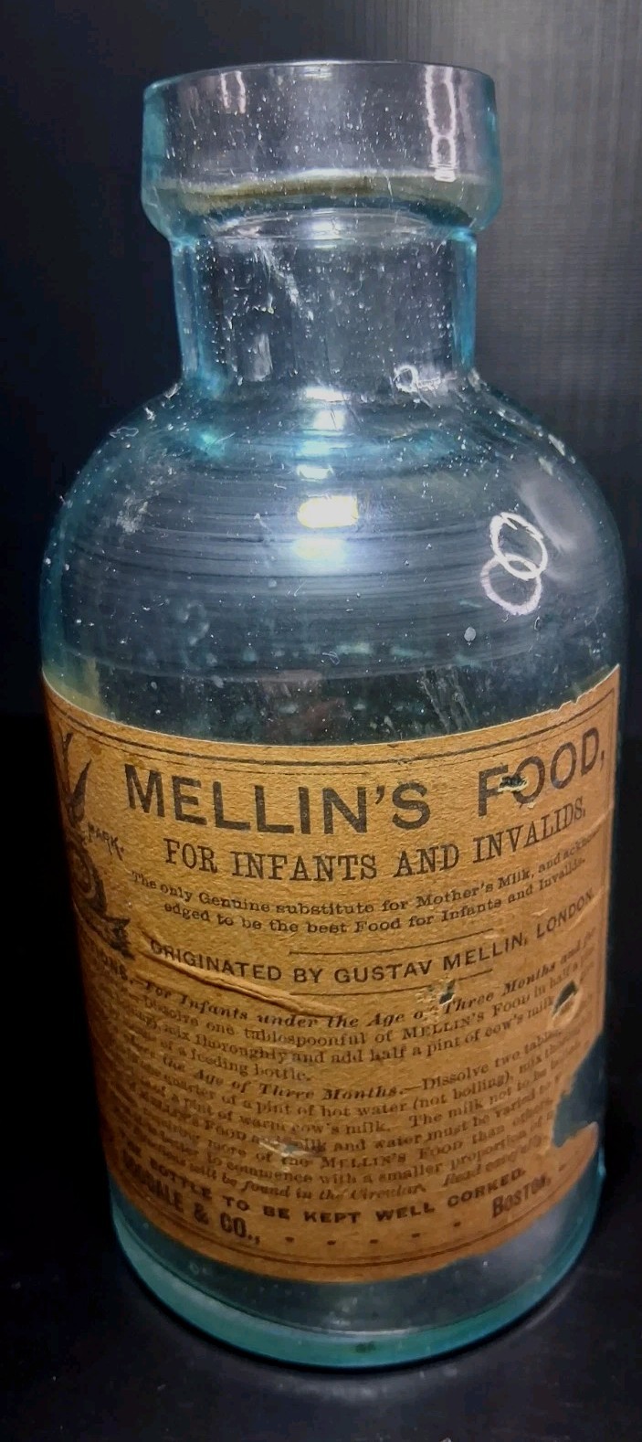Antique 1890s Mellins Infant Food Bottle Aqua Glass W/Rare Origonal Paper Label