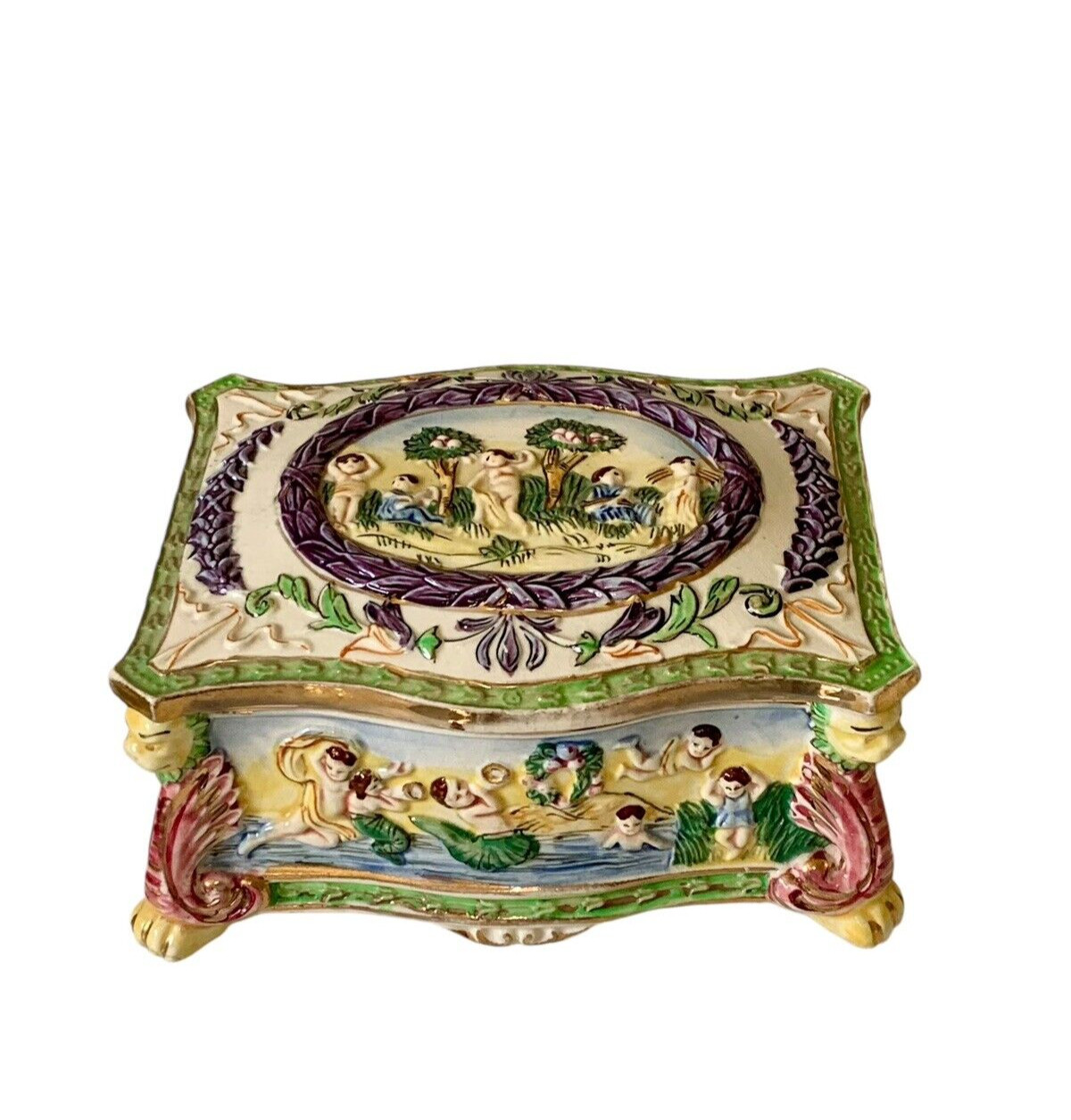 VTG Hand Painted Japanese Ceramic Trinket Box in Majolica Ware Style