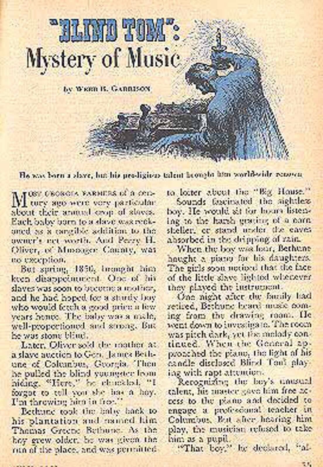 BLIND TOM FORMER SLAVE MUSIC MASTER 1952 FEATURE * THOMAS GREENE BETHUNE