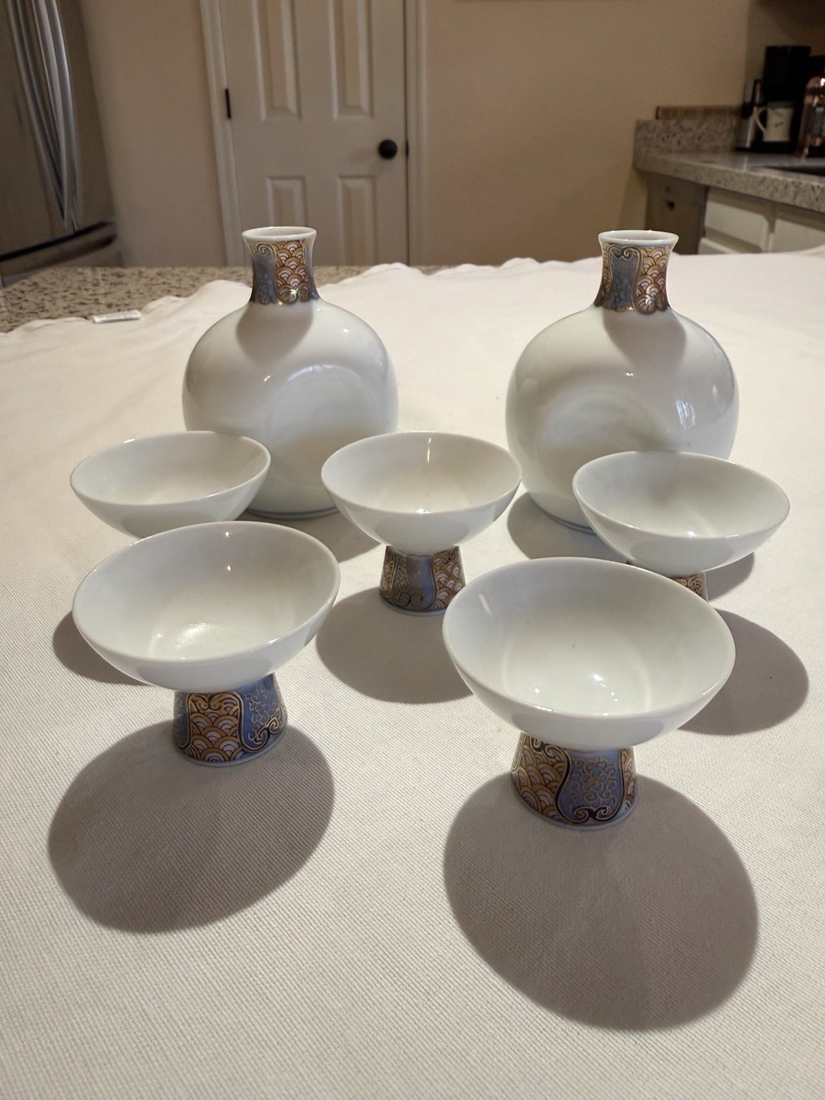 Vintage Koransha Japanese Porcelain Sake Set; 7 Pieces; “Seigaiha” Pattern