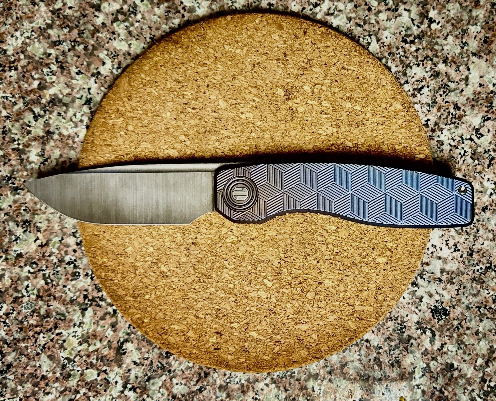 Custom anodized Ti EDC knife -Blue/purple milled Geo pattern- 2.95\