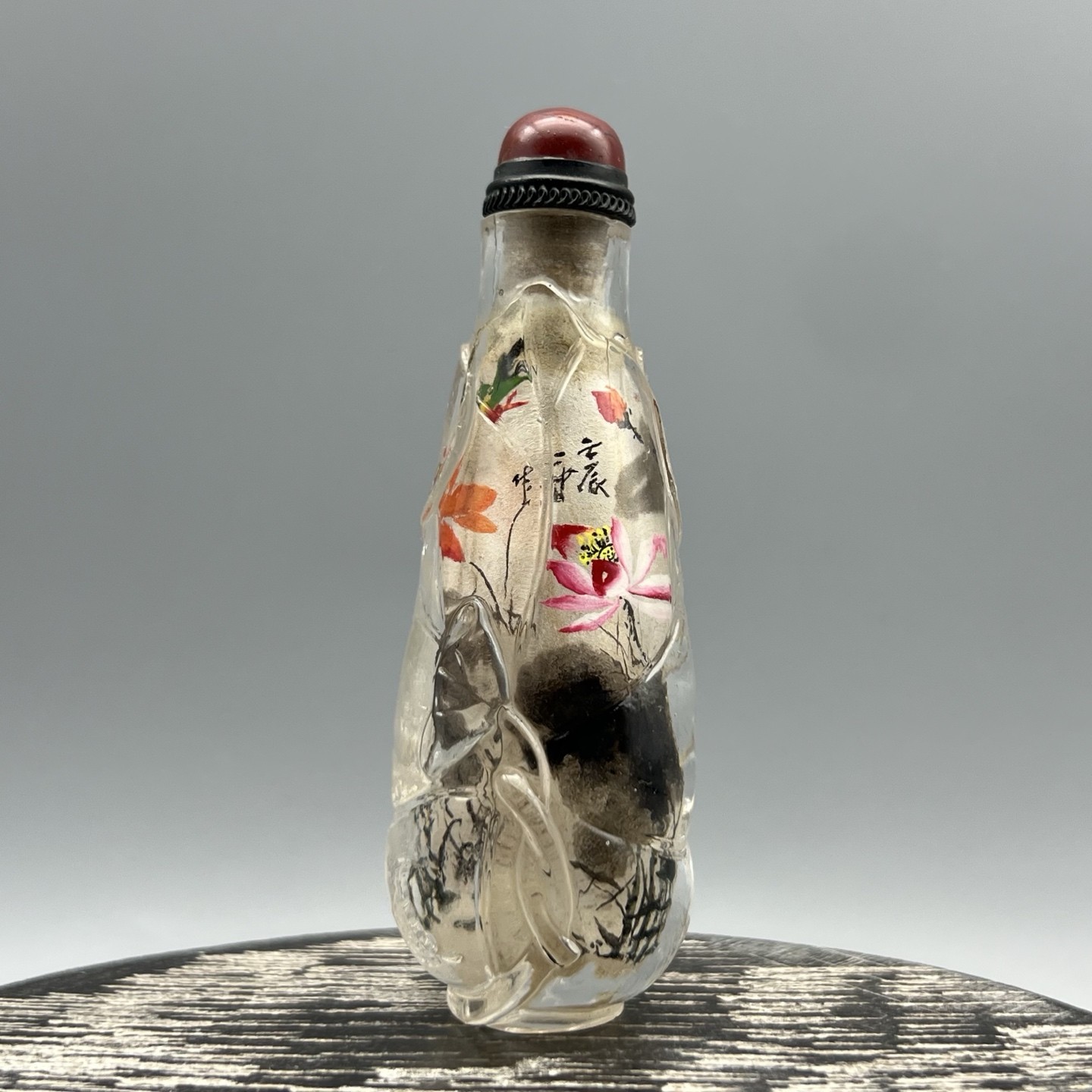 Chinese Old Beijing Glaze Inside Painting Lotus Beautiful Bottle Art