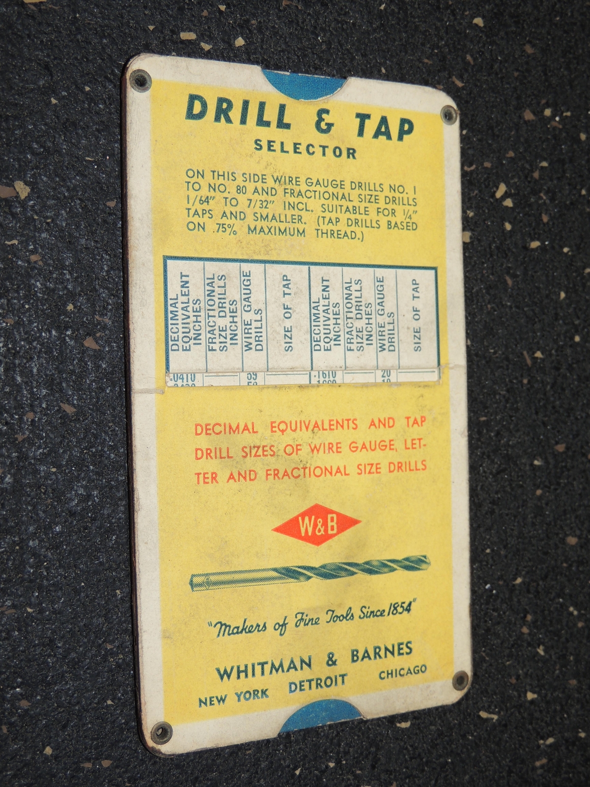 Vintage W&B Whitman & Barnes Tool Drill and Tap Selector Guide Slider Vintage W&B Whitman & Barnes Tool Drill and Tap Selector Guide Slider