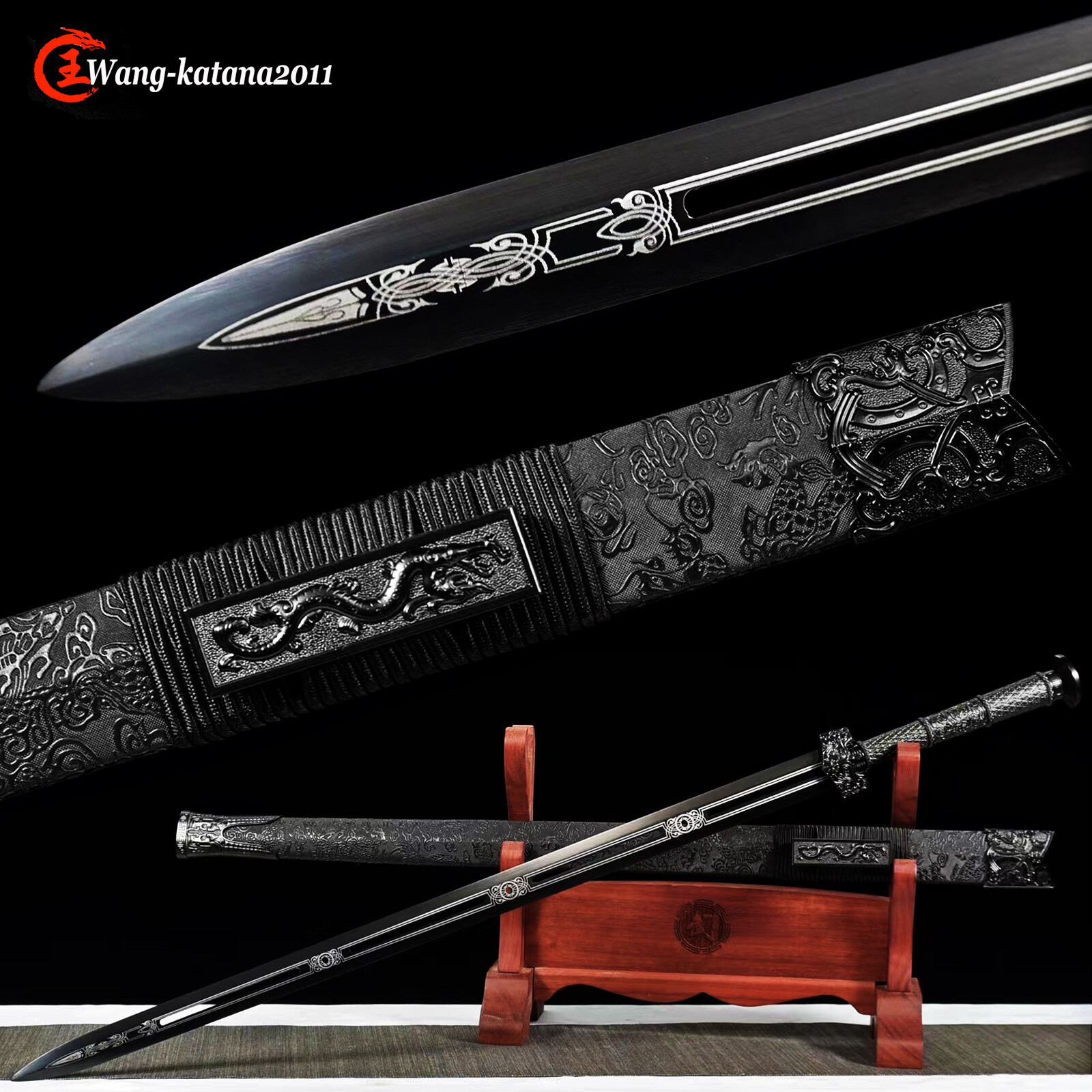 43'' Sharp Black Dragon Straight Sword Double Edge Chinese Han Jian 1095 Steel
