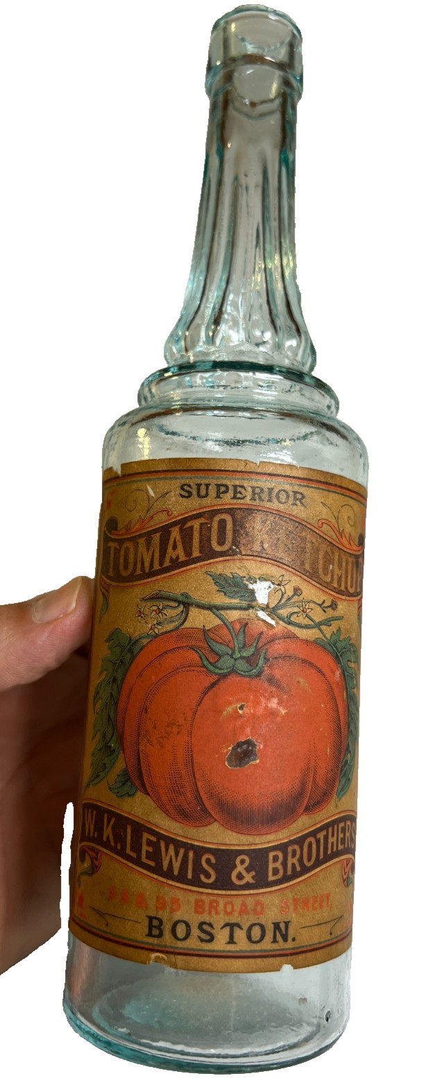Antique c1870 W K Lewis Brothers Boston Tomato Ketchup Bottle Original Label