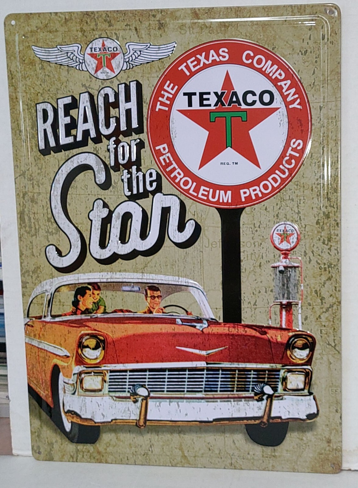 Texaco Petroleum Reach for the Star 1956 Chevrolet Gas Pump 12 x 17 Metal Sign