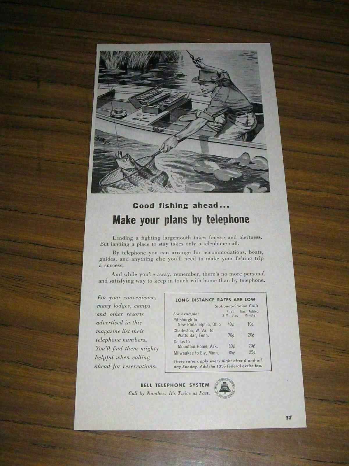1957 Print Ad Bell Telephone System Fisherman Catches Huge Bass Fish