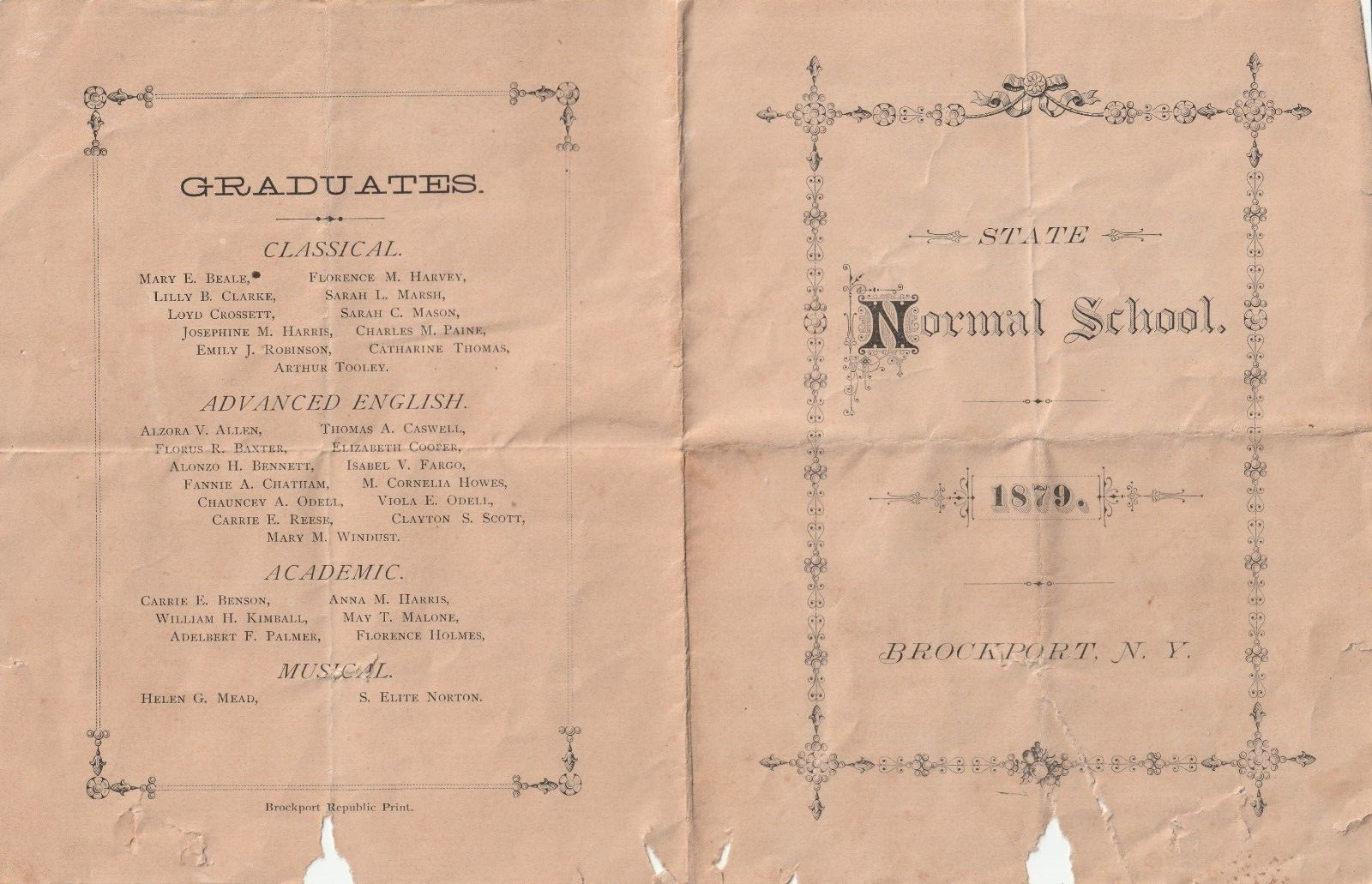 State Normal School Brockport NY Graduation Exercises 1879 State Normal School Brockport NY Graduation Exercises 1879