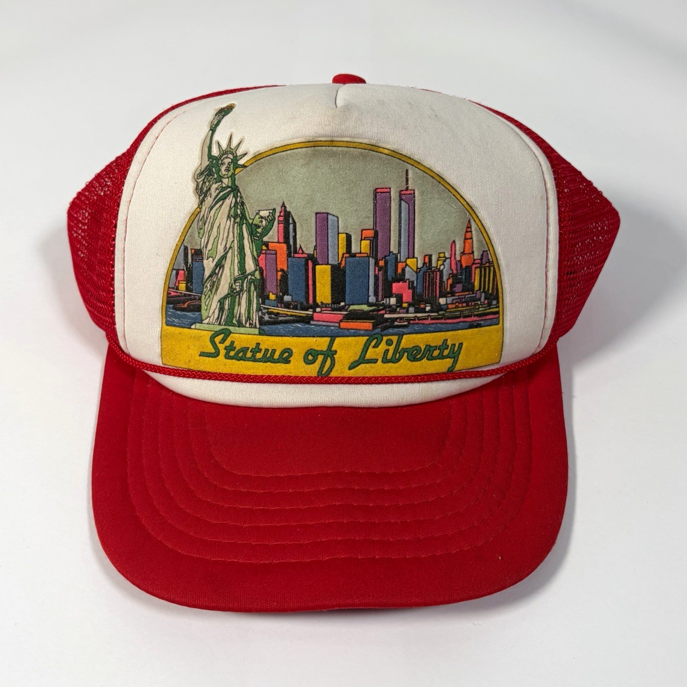 VTG 80s Statue of Liberty New York City Trucker Hat Twin Towers Snapback Red