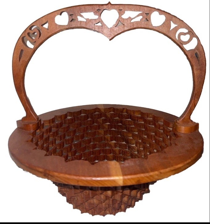 Vintage  Fun Large Wood Scroll Saw Carved Basket Hearts 