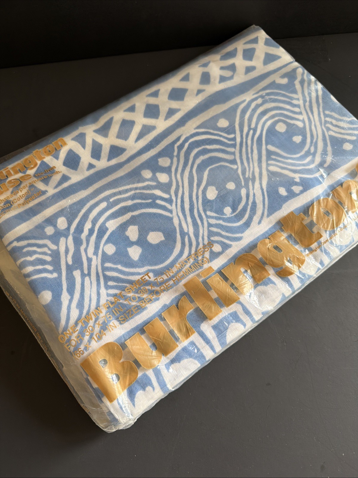 Vtg NOS Burlington House Batik Twin Flat Sheet Blue White Boho Graphic