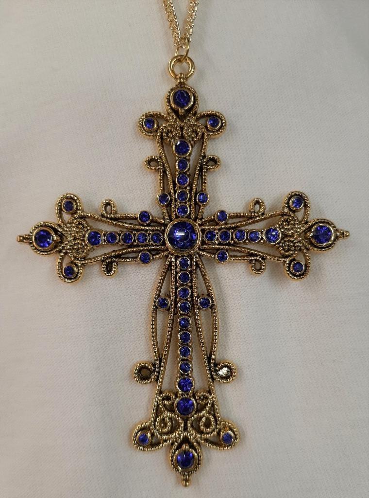 Delightful Openwork Lacy Swirled Blue Rhinestones Cross Antiqued Gold Necklace