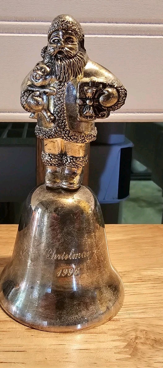 VINTAGE 1996 SILVERPLATE BELL WITH SANTA CLAUS HANDLE